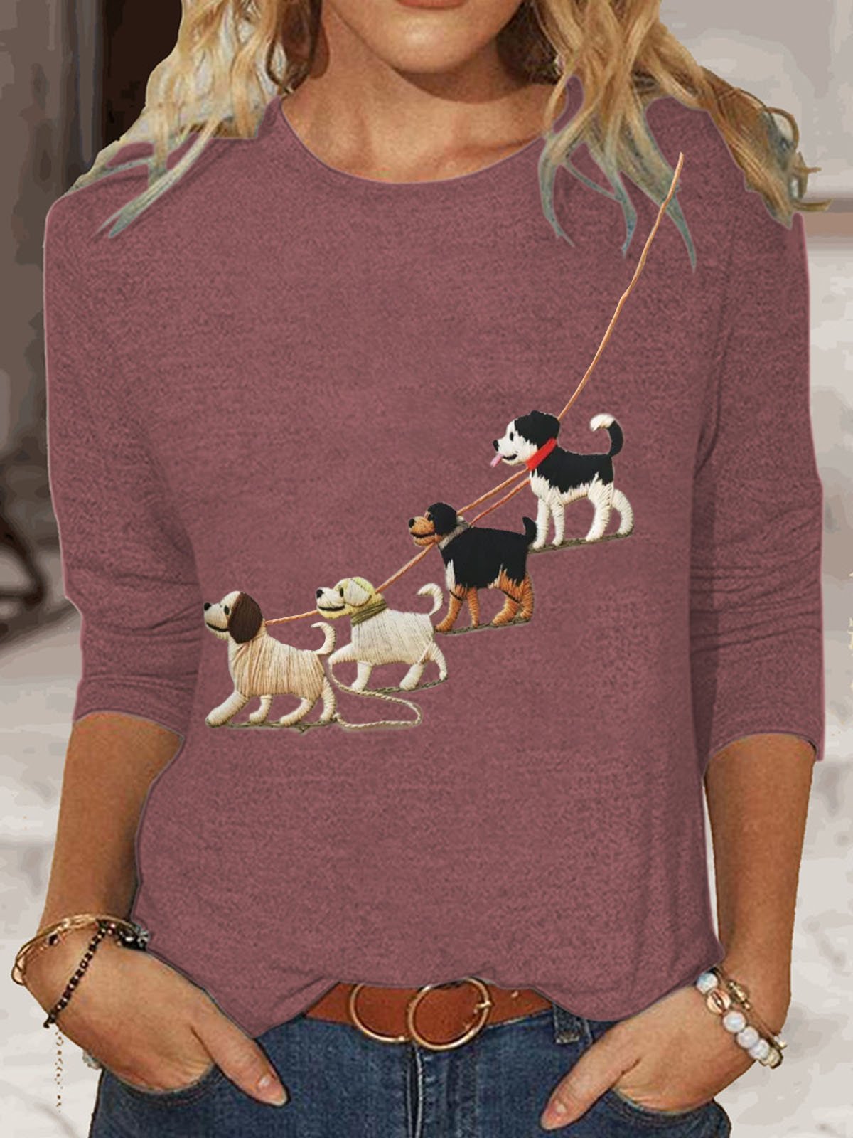 Women's Long Sleeve Tee T-shirt Spring/Fall Dog Cotton-Blend Crew Neck Daily Going Out Casual Top