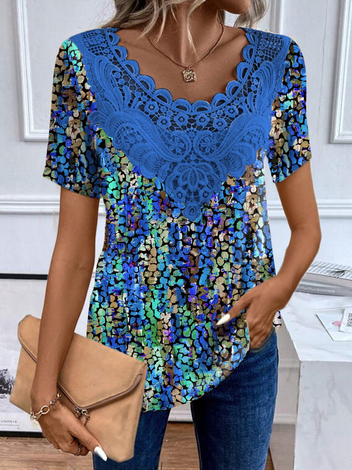 Women's Short Sleeve Blouse Summer Colorblock Lace Jersey Crew Neck Daily Going Out Casual Top Blue