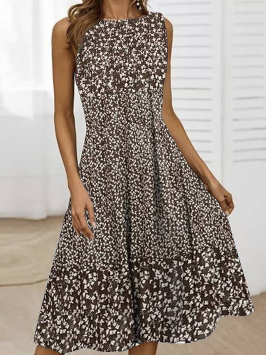 Women's Sleeveless Summer Floral Knitted Dress Crew Neck Daily Going Out Casual Midi A-Line Brown