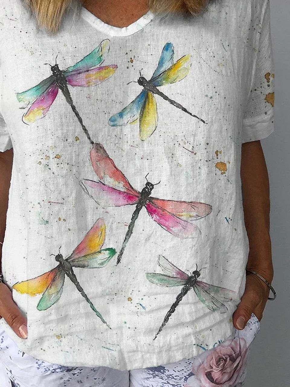 Women's Short Sleeve Blouse Summer Dragonfly V Neck Daily Going Out Casual Top Apricot