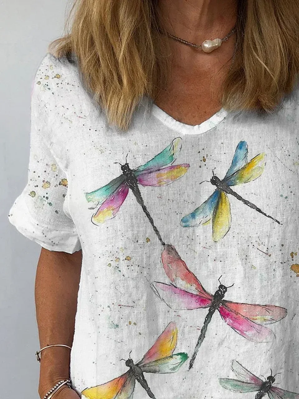 Women's Short Sleeve Blouse Summer Dragonfly V Neck Daily Going Out Casual Top Apricot