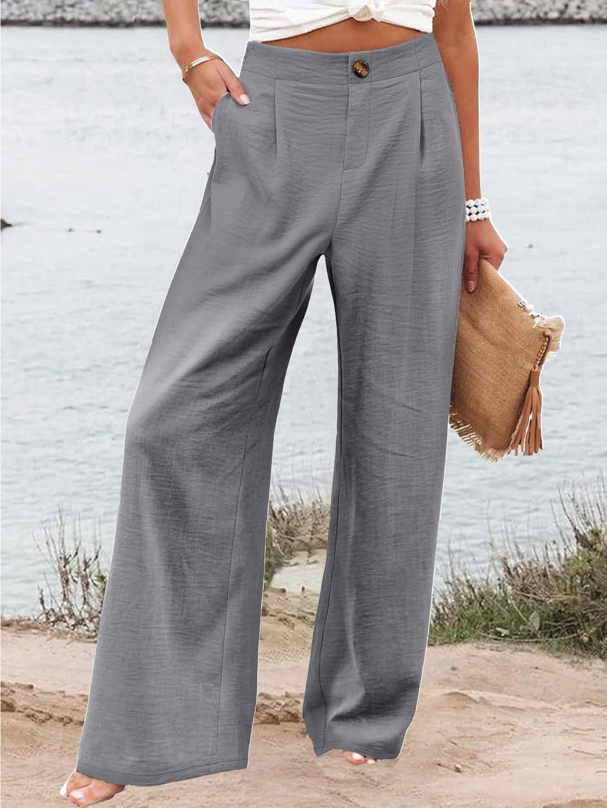 Women's Zipper H-Line Wide Leg Pants Daily Going Out Pants Casual Buckle Striped Spring/Fall Pants