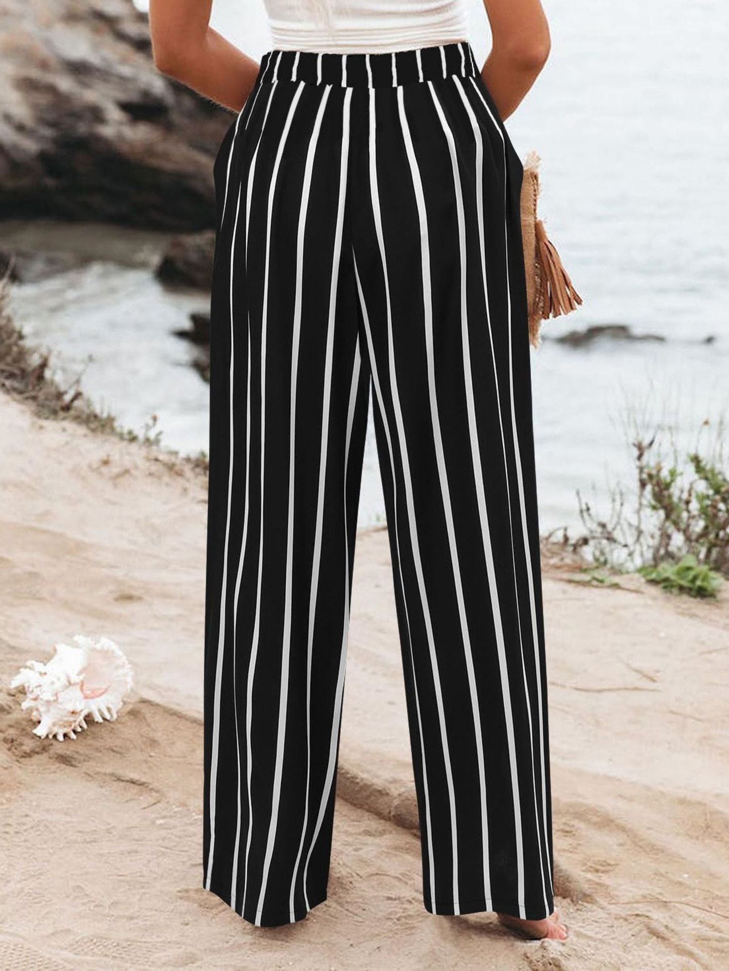 Women's Zipper H-Line Wide Leg Pants Daily Going Out Pants Casual Buckle Striped Spring/Fall Pants