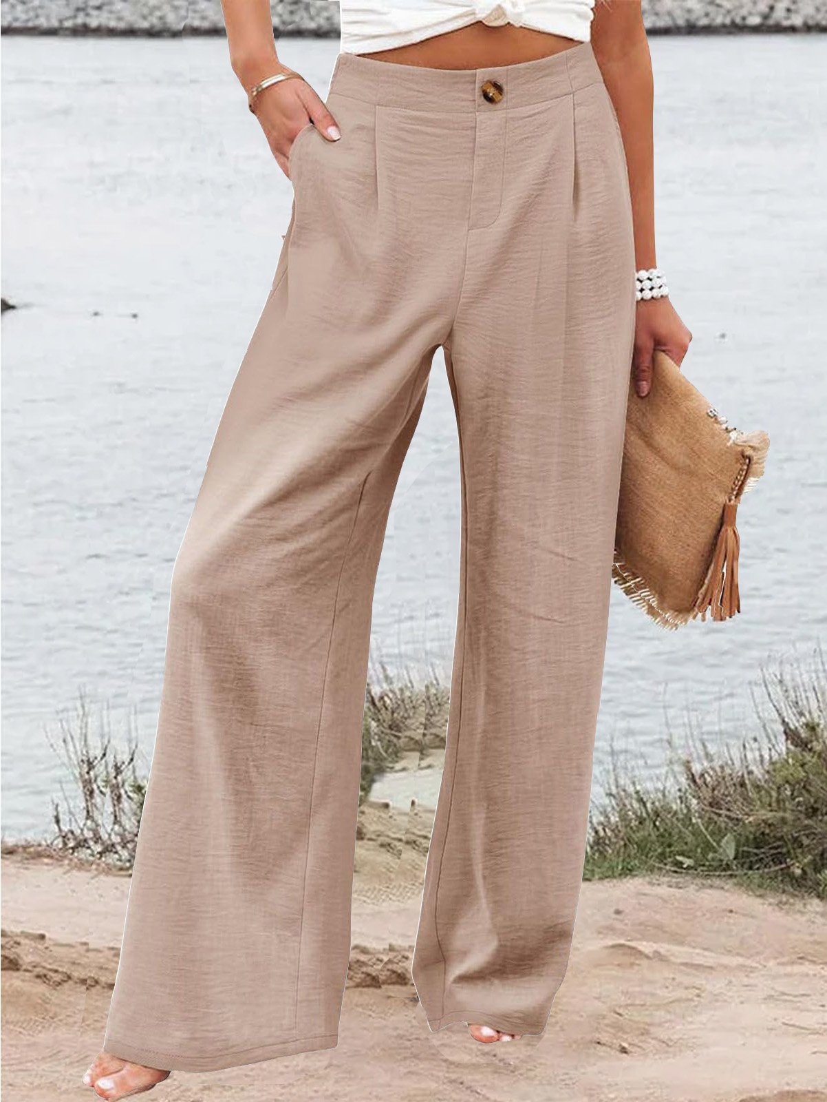 Women's Zipper H-Line Wide Leg Pants Daily Going Out Pants Casual Buckle Striped Spring/Fall Pants