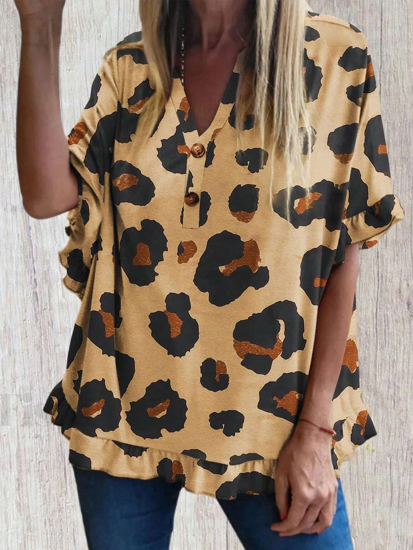 Women's Short Sleeve Blouse Summer Leopard Buckle V Neck Ruffle Sleeve Daily Going Out Casual Top Leopard