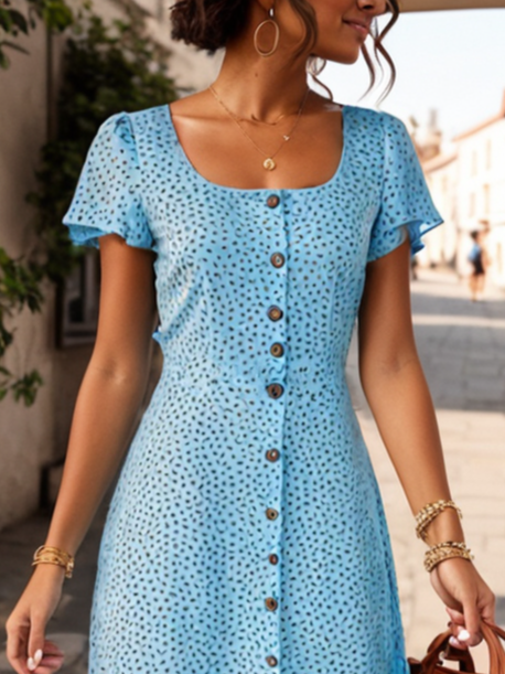 Women's Short Sleeve Summer Polka Dots Buckle Dress Square Neck Daily Going Out Casual Midi A-Line Light Blue
