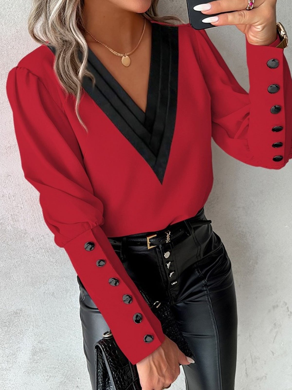 Women's Long Sleeve Blouse Spring/Fall Color Block Buckle V Neck Daily Going Out Casual Top