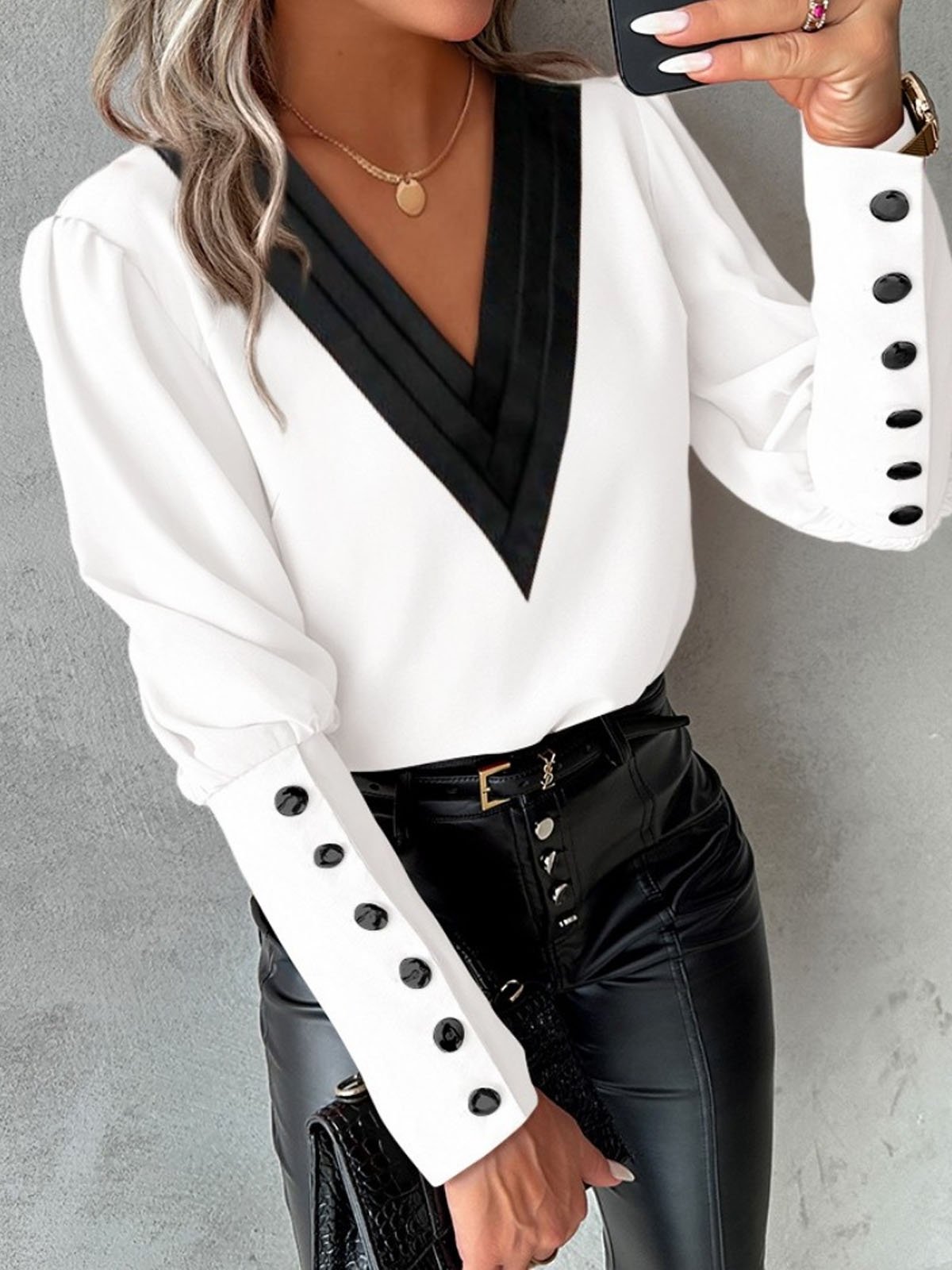 Women's Long Sleeve Blouse Spring/Fall Color Block Buckle V Neck Daily Going Out Casual Top