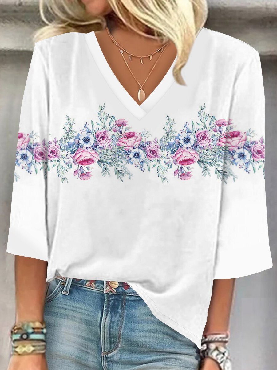 Women's Three Quarter Sleeve Blouse Spring/Fall Floral V Neck Daily Going Out Casual Top Black-white