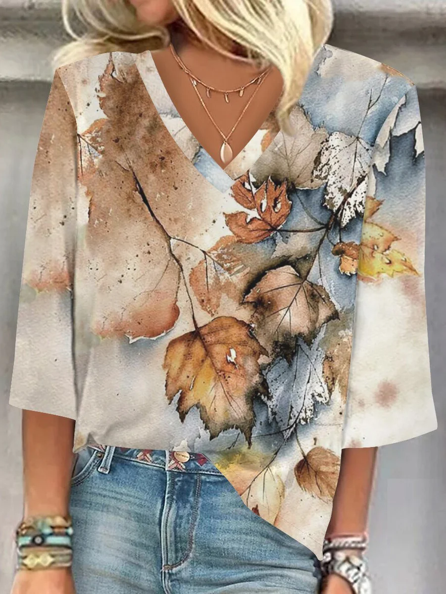 Women's Three Quarter Sleeve Blouse Spring/Fall Floral V Neck Daily Going Out Casual Top Black-white