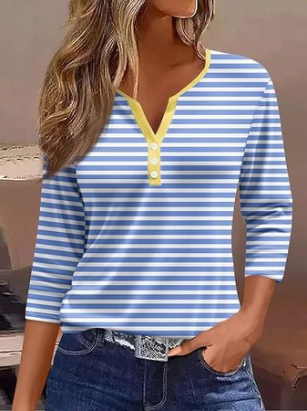 Women's Three Quarter Sleeve Tee T-shirt Spring/Fall Striped Jersey V Neck Daily Going Out Casual Top Blue