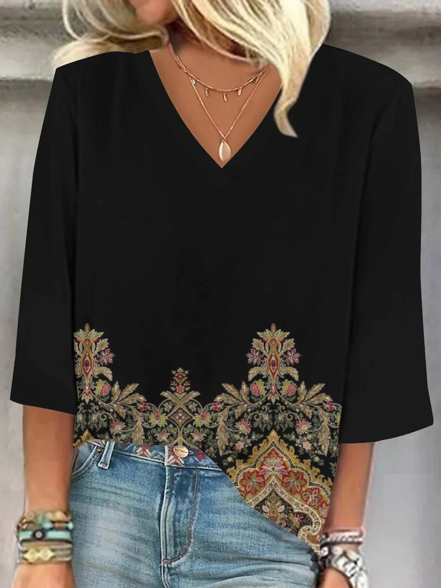 Women's Three Quarter Sleeve Blouse Spring/Fall Floral V Neck Daily Going Out Casual Top Black-white