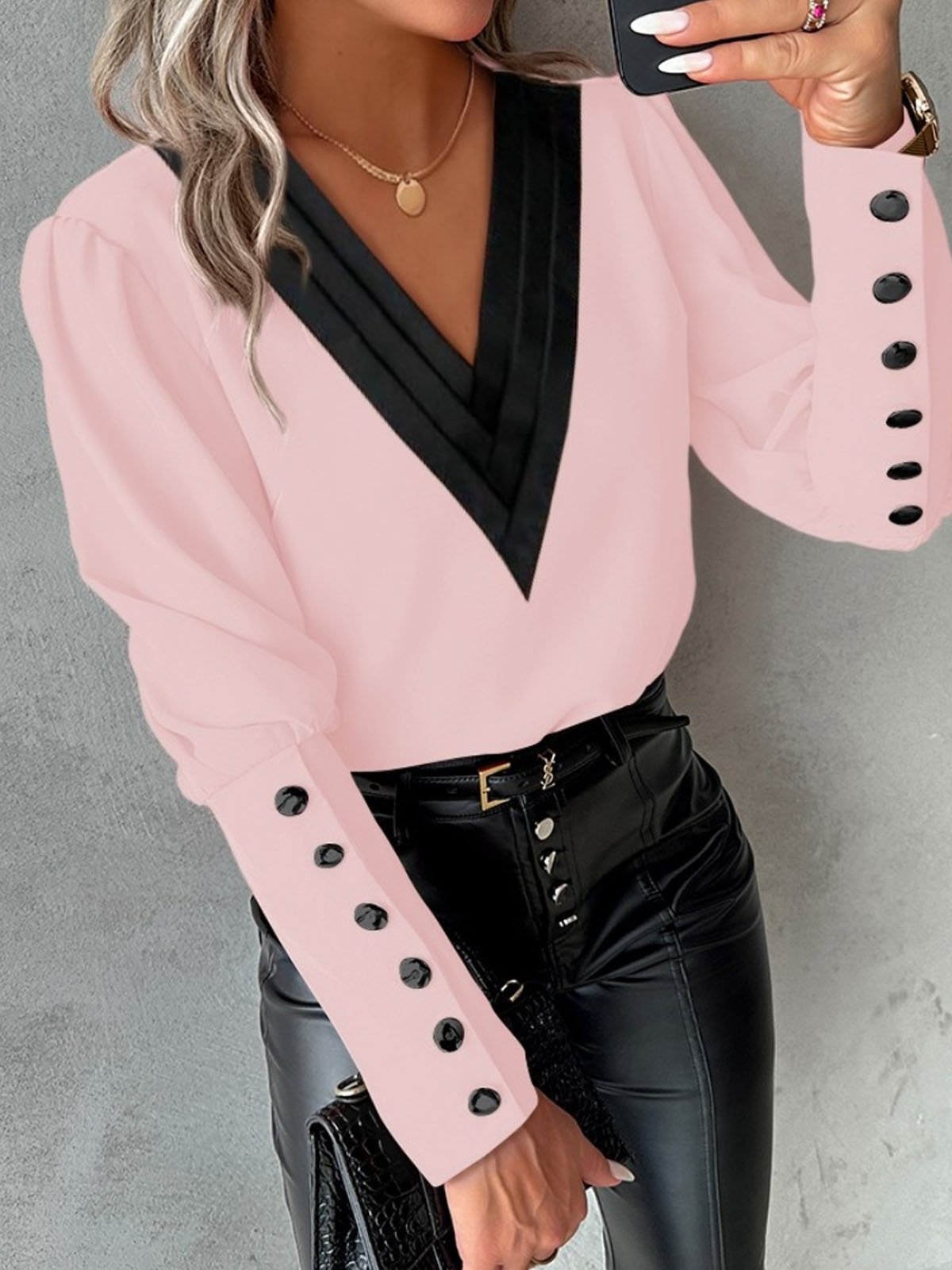 Women's Long Sleeve Blouse Spring/Fall Color Block Buckle V Neck Daily Going Out Casual Top