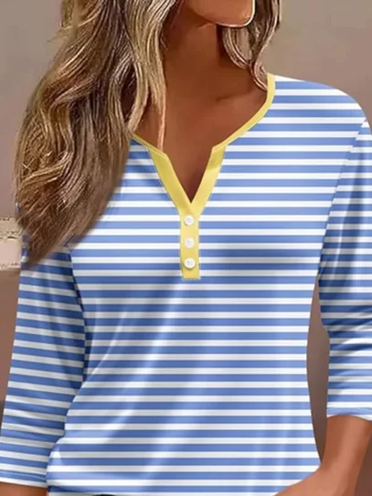 Women's Three Quarter Sleeve Tee T-shirt Spring/Fall Striped Jersey V Neck Daily Going Out Casual Top Blue