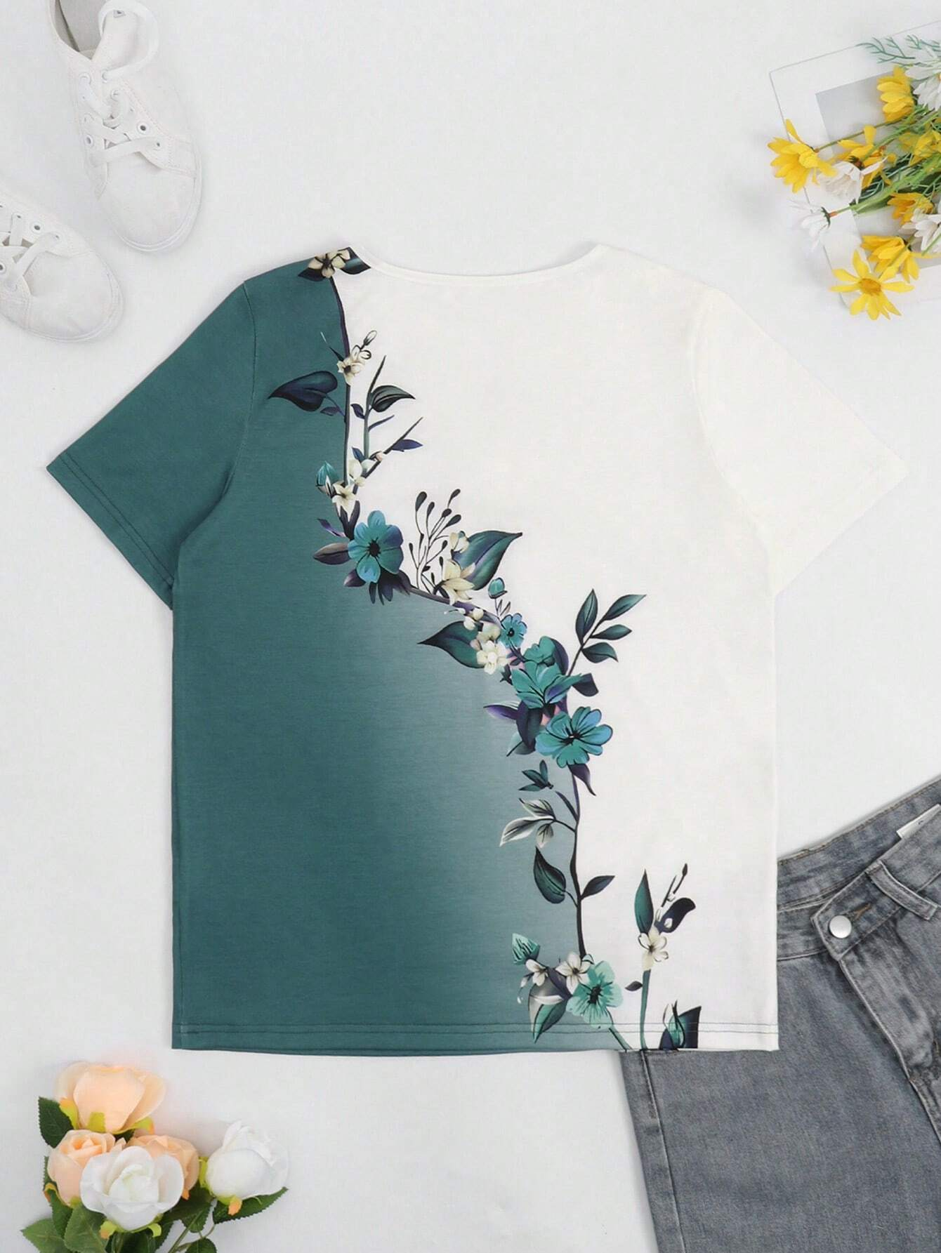 Women's Short Sleeve Blouse Summer Floral Buckle Notched Daily Going Out Casual Top Green