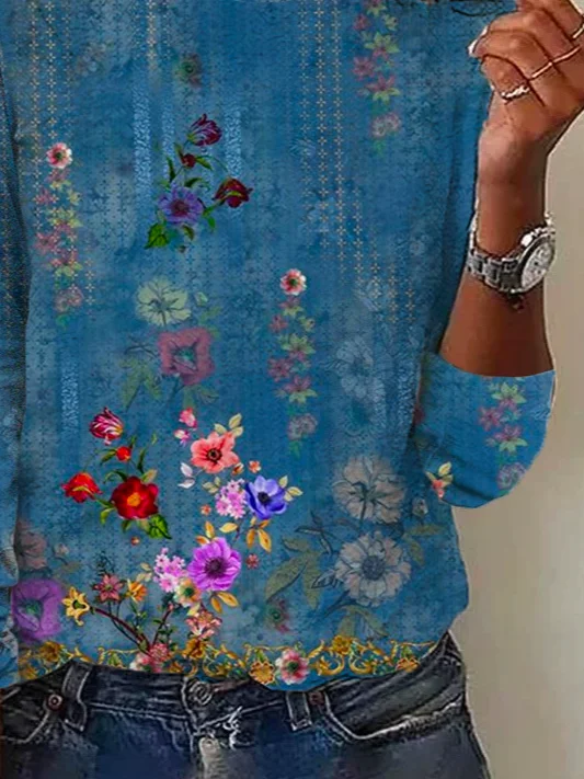 Women's Long Sleeve Tee T-shirt Spring/Fall Floral Jersey Crew Neck Daily Going Out Casual Top Blue