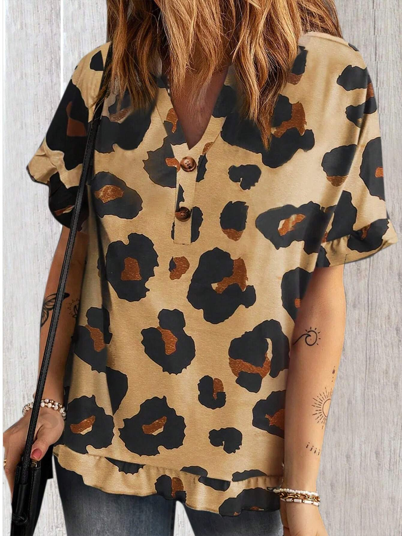 Women's Short Sleeve Blouse Summer Leopard Buckle V Neck Ruffle Sleeve Daily Going Out Casual Top Leopard