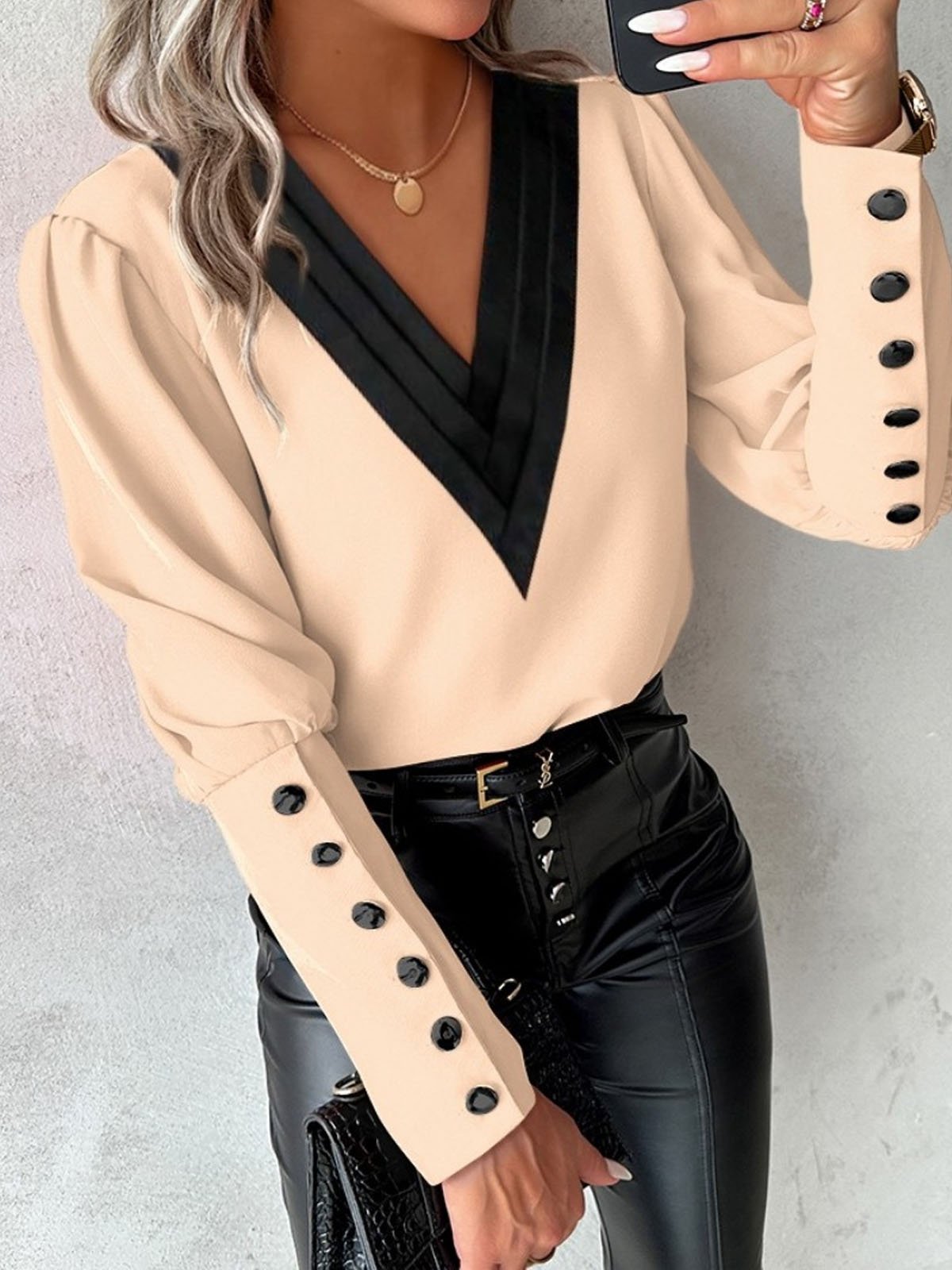 Women's Long Sleeve Blouse Spring/Fall Color Block Buckle V Neck Daily Going Out Casual Top