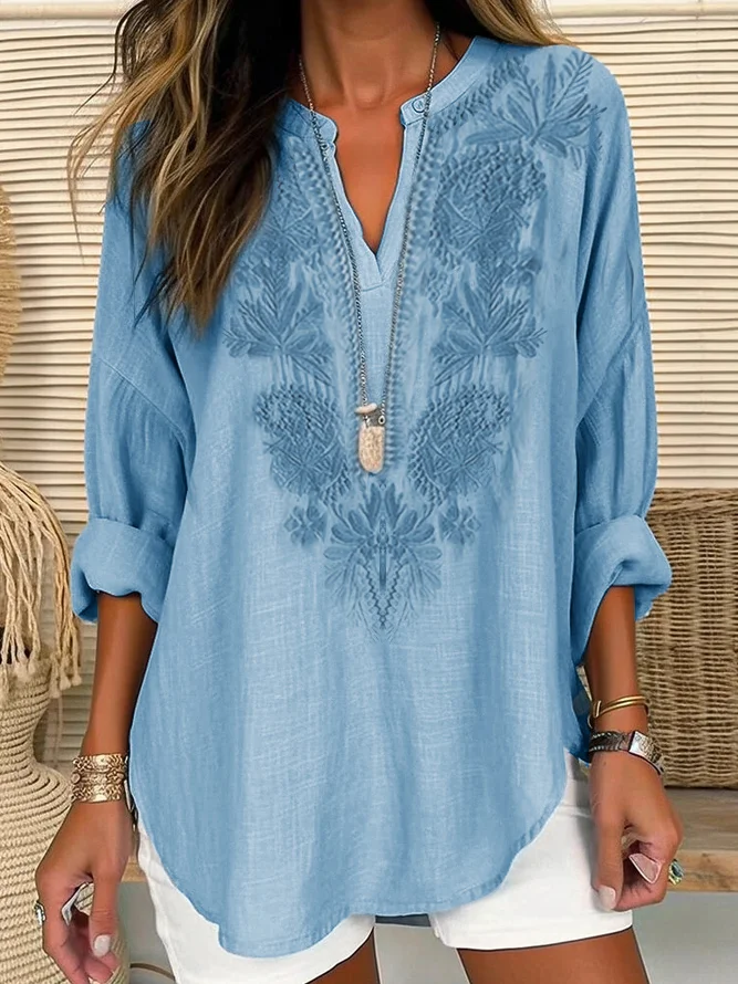 Women's Long Sleeve Blouse Spring/Fall Plain Embroidery Cotton And Linen V Neck Daily Going Out Casual Top Blue