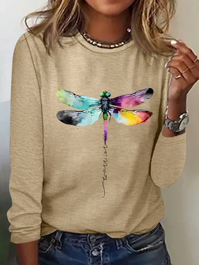 Women's Long Sleeve Tee T-shirt Spring/Fall Dragonfly Cotton Crew Neck Daily Going Out Casual Top Blue