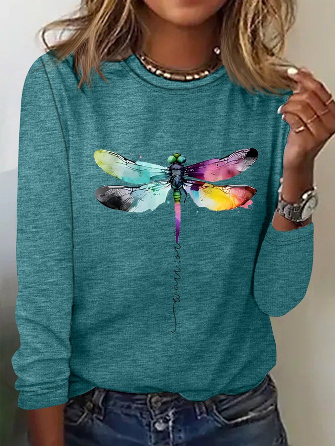 Women's Long Sleeve Tee T-shirt Spring/Fall Dragonfly Cotton Crew Neck Daily Going Out Casual Top Blue