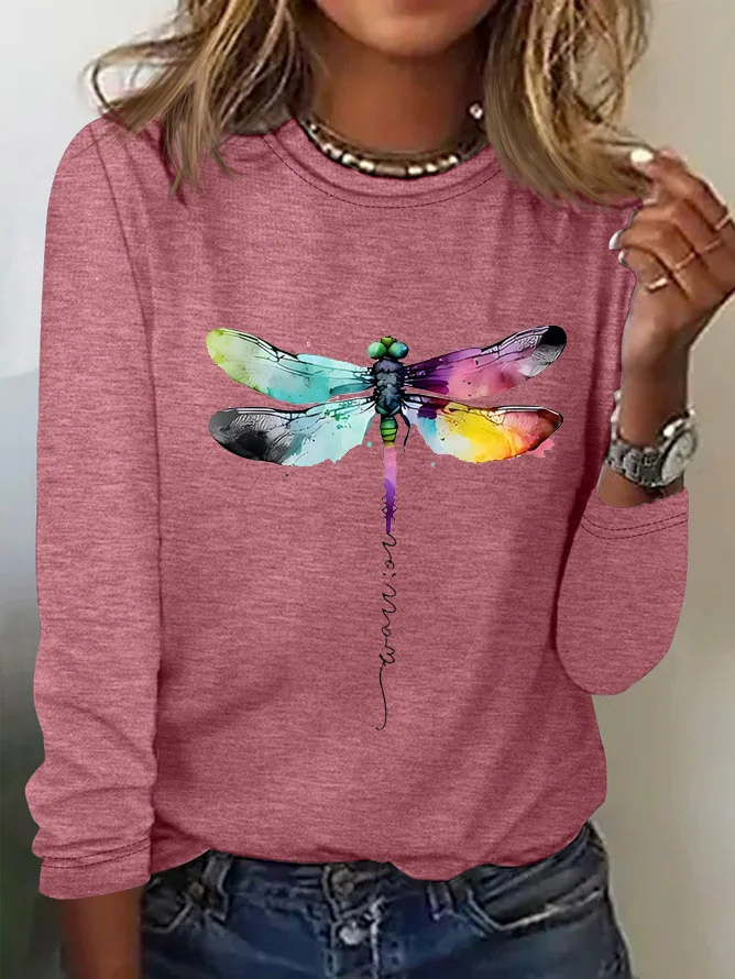 Women's Long Sleeve Tee T-shirt Spring/Fall Dragonfly Cotton Crew Neck Daily Going Out Casual Top Blue