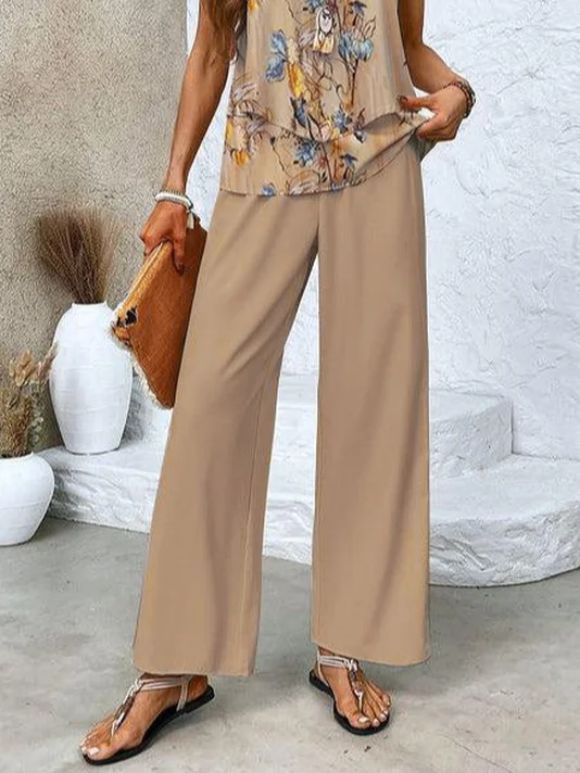 Women's Floral Daily Going Out Two Piece Set Sleeveless Casual Summer Top With Pants Matching Set Khaki
