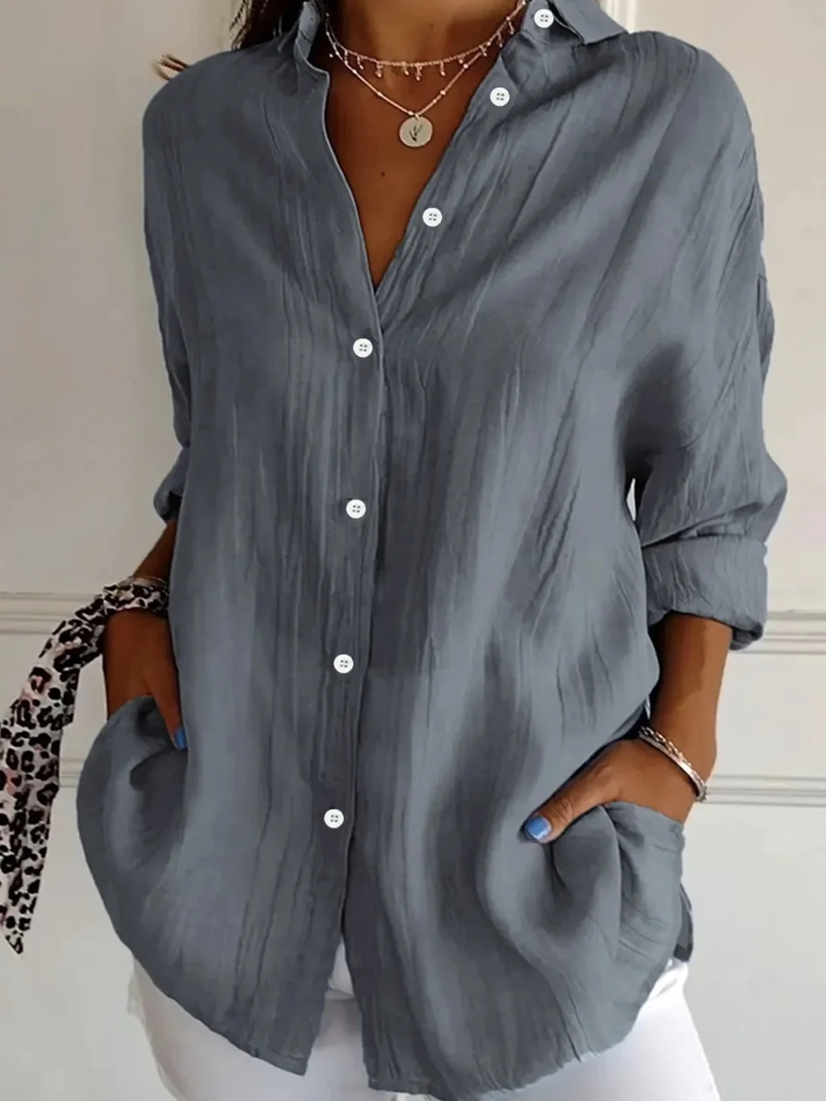 Women's Long Sleeve Shirt Spring/Fall Plain Cotton Shirt Collar Daily Going Out Casual Top Black