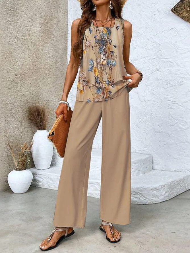 Women's Floral Daily Going Out Two Piece Set Sleeveless Casual Summer Top With Pants Matching Set Khaki
