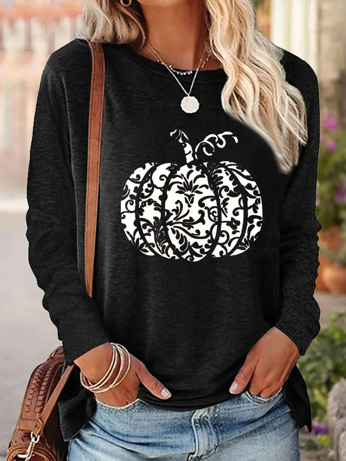 Women's Long Sleeve Tee T-shirt Spring/Fall Pumpkin Pattern Cotton-Blend Crew Neck Daily Going Out Casual Top Blue