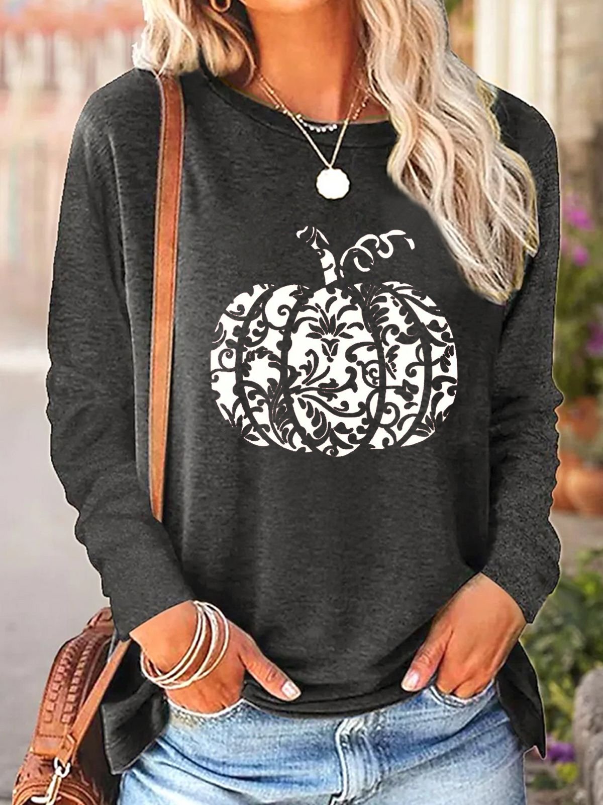 Women's Long Sleeve Tee T-shirt Spring/Fall Pumpkin Pattern Cotton-Blend Crew Neck Daily Going Out Casual Top Blue