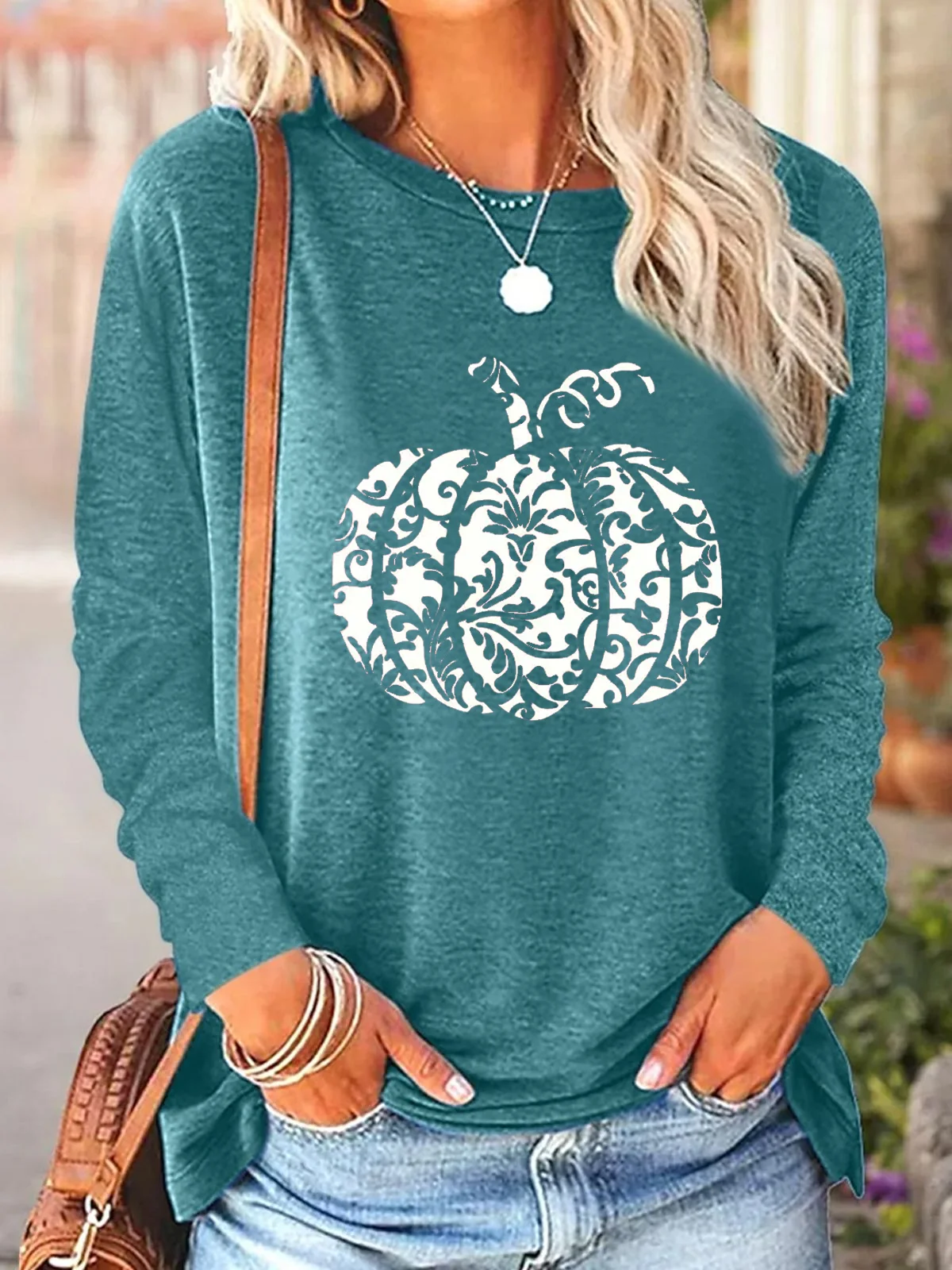 Women's Long Sleeve Tee T-shirt Spring/Fall Pumpkin Pattern Cotton-Blend Crew Neck Daily Going Out Casual Top Blue