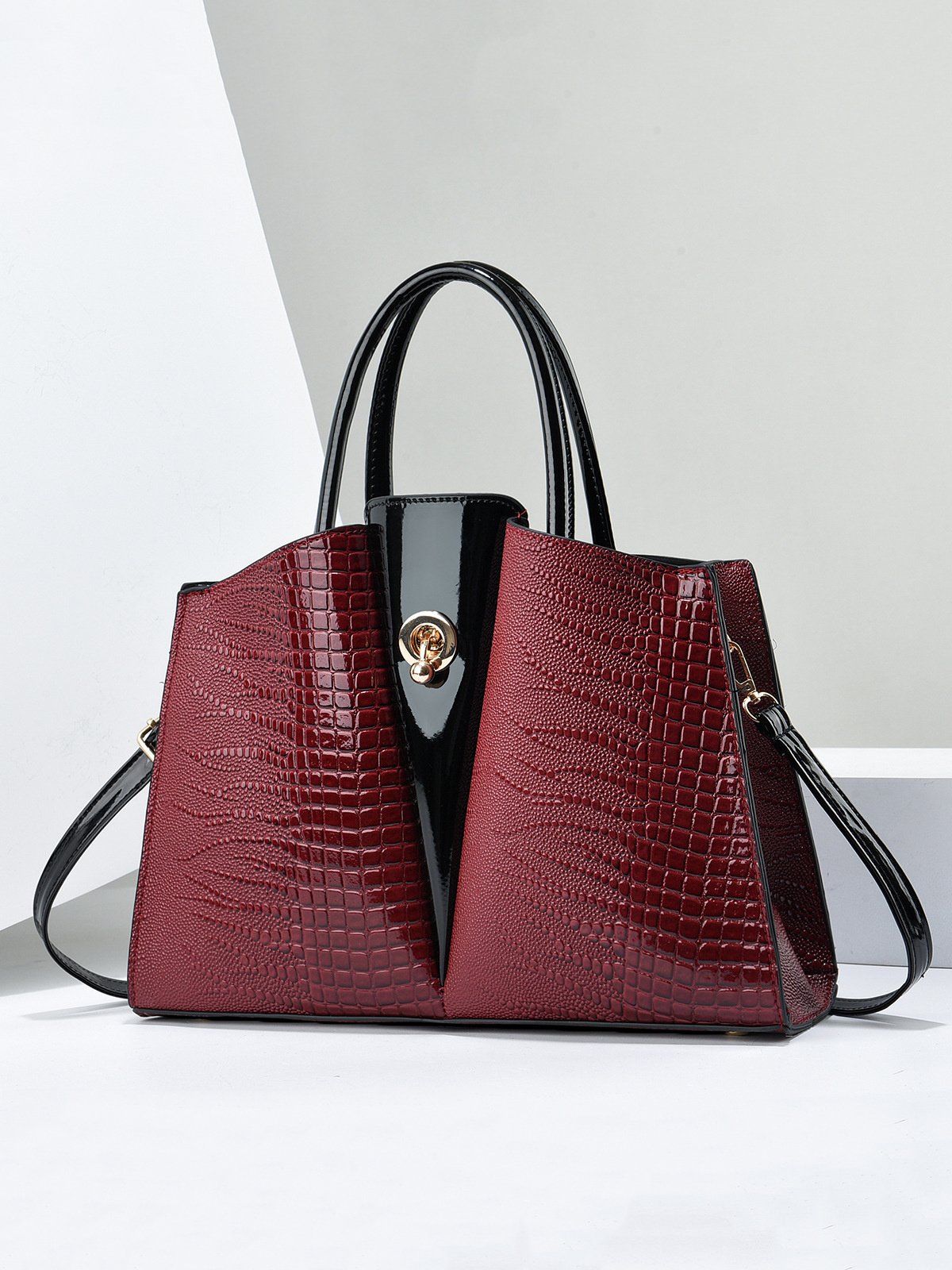 Large Capacity Color Block Crocodile Embossed Tote Bag Commuting Crossbody Bag