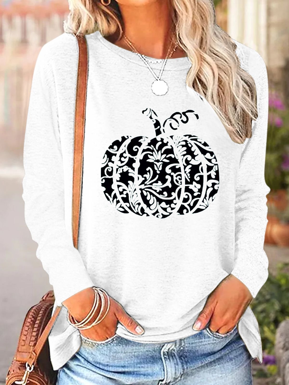 Women's Long Sleeve Tee T-shirt Spring/Fall Pumpkin Pattern Cotton-Blend Crew Neck Daily Going Out Casual Top Blue