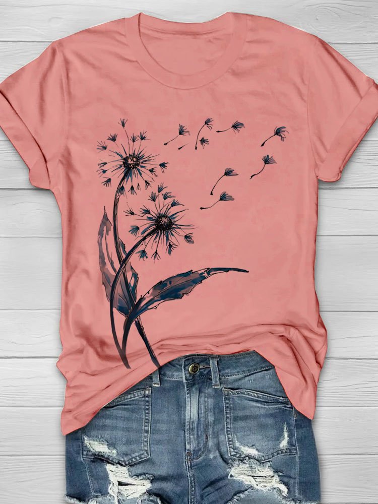 Women Dandelion Short Sleeve Tee T-shirt Crew Neck Casual Summer Top