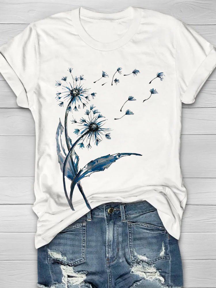 Women Dandelion Short Sleeve Tee T-shirt Crew Neck Casual Summer Top