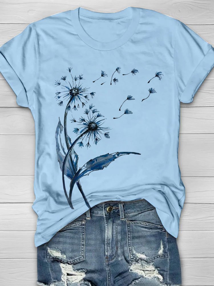 Women Dandelion Short Sleeve Tee T-shirt Crew Neck Casual Summer Top