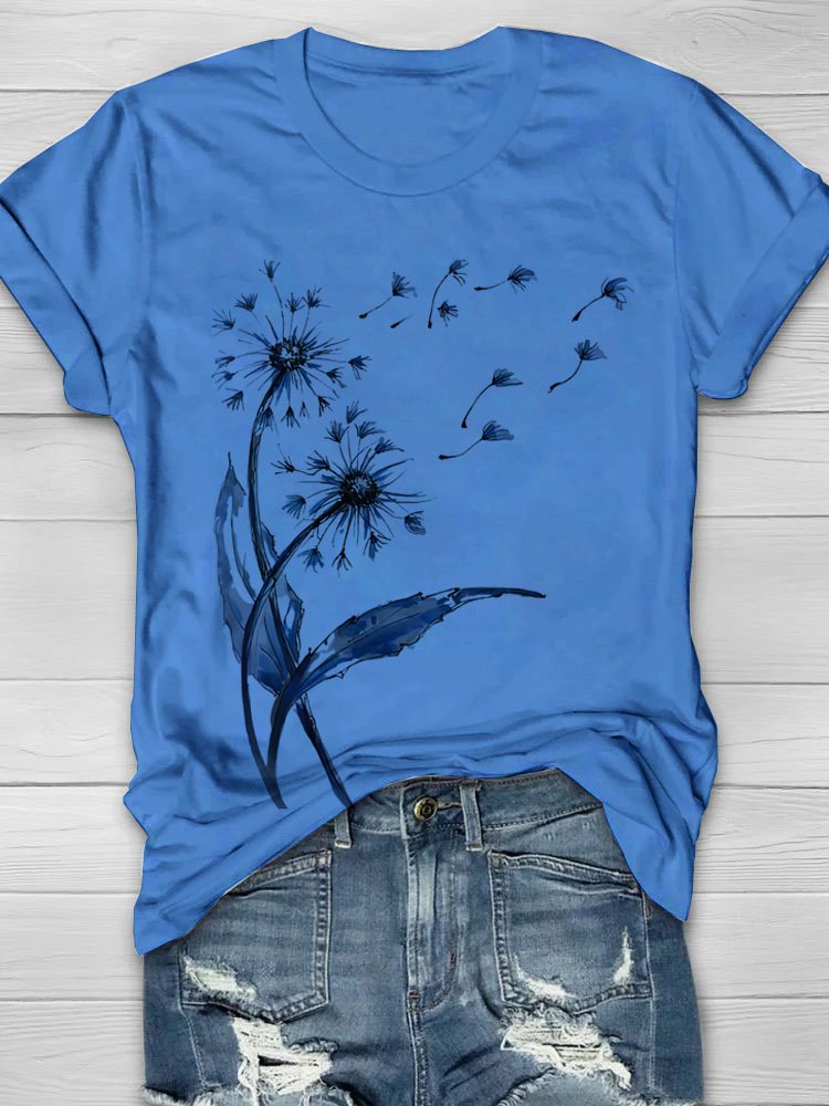 Women Dandelion Short Sleeve Tee T-shirt Crew Neck Casual Summer Top