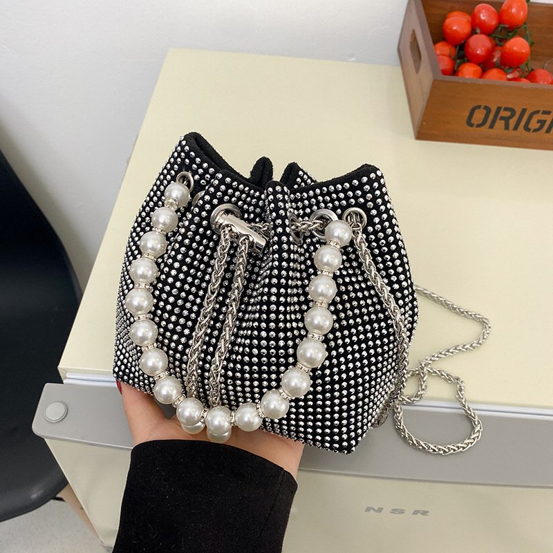 Sparkling Rhinestone Imitation Pearl Handle Bucket Bag Metal Chain Crossbody Bag