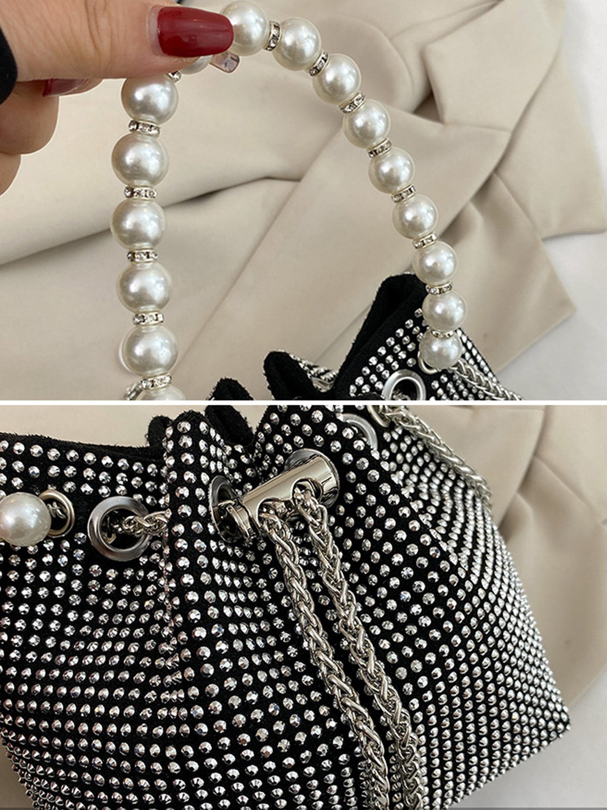 Sparkling Rhinestone Imitation Pearl Handle Bucket Bag Metal Chain Crossbody Bag