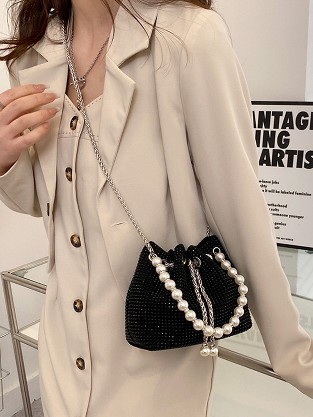 Sparkling Rhinestone Imitation Pearl Handle Bucket Bag Metal Chain Crossbody Bag