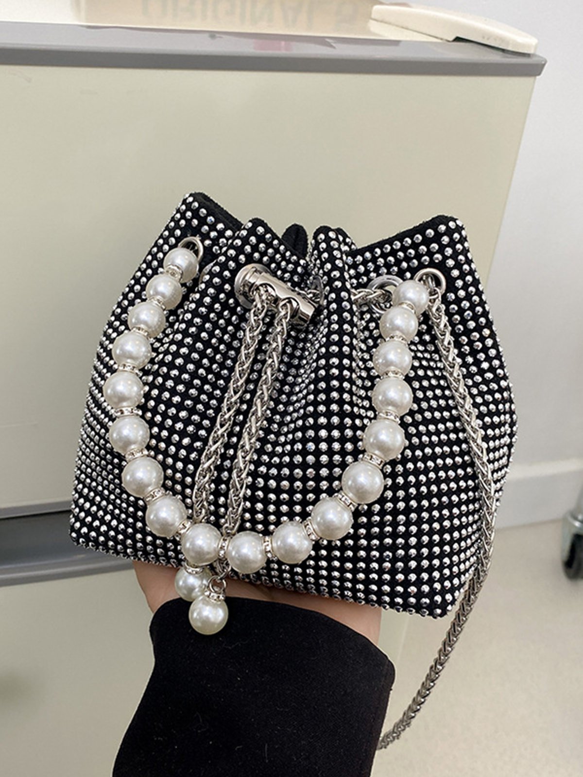 Sparkling Rhinestone Imitation Pearl Handle Bucket Bag Metal Chain Crossbody Bag