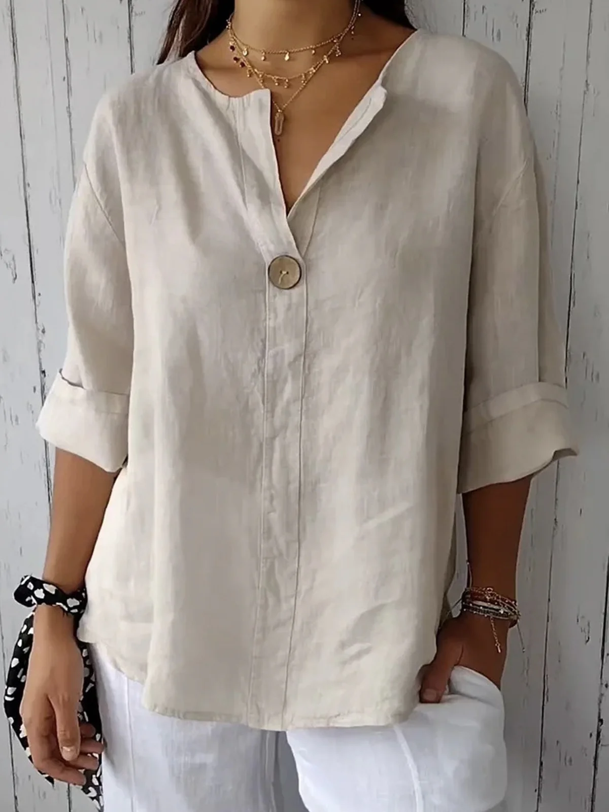 Women's Three Quarter Sleeve Blouse Spring/Fall Plain Buttoned Cotton V Neck Daily Going Out Casual Top