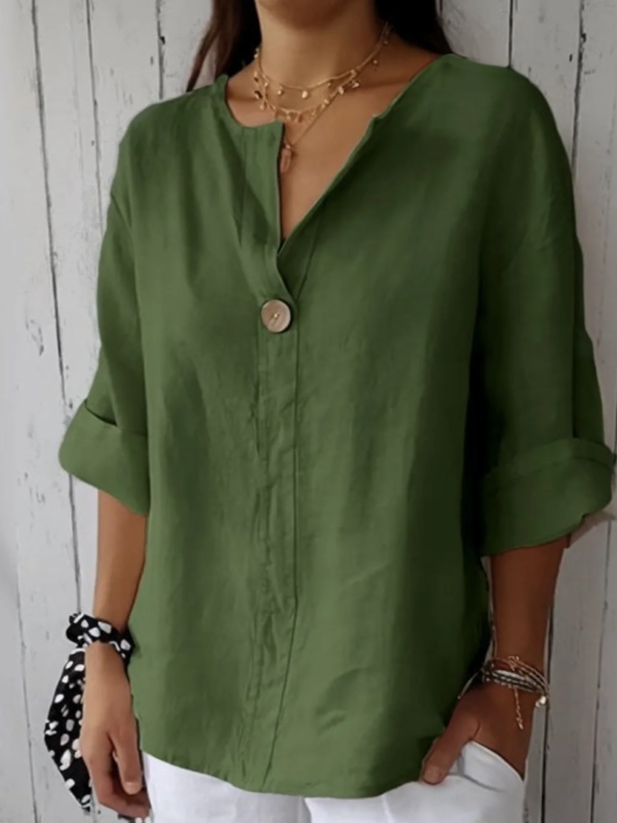 Women's Three Quarter Sleeve Blouse Spring/Fall Plain Buttoned Cotton V Neck Daily Going Out Casual Top