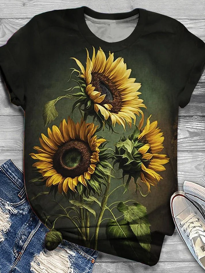 Women's Floral Short Sleeve Tee T-shirt Crew Neck Casual Summer Top