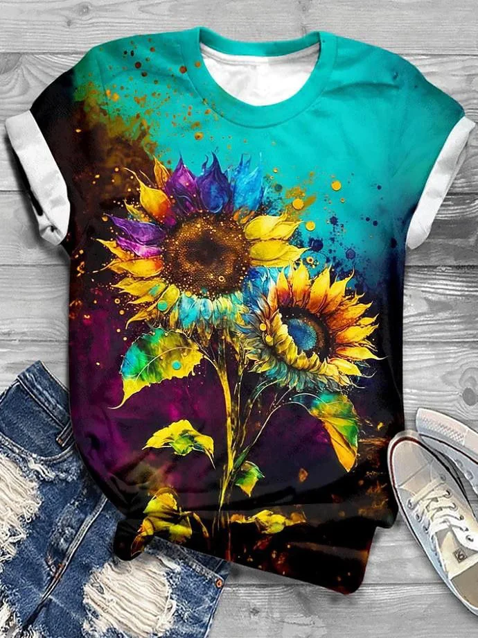 Women's Floral Short Sleeve Tee T-shirt Crew Neck Casual Summer Top