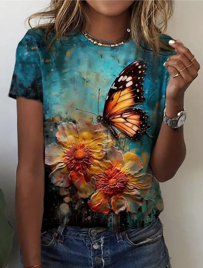 Women's Short Sleeve Tee T-shirt Summer Floral Crew Neck Casual Top