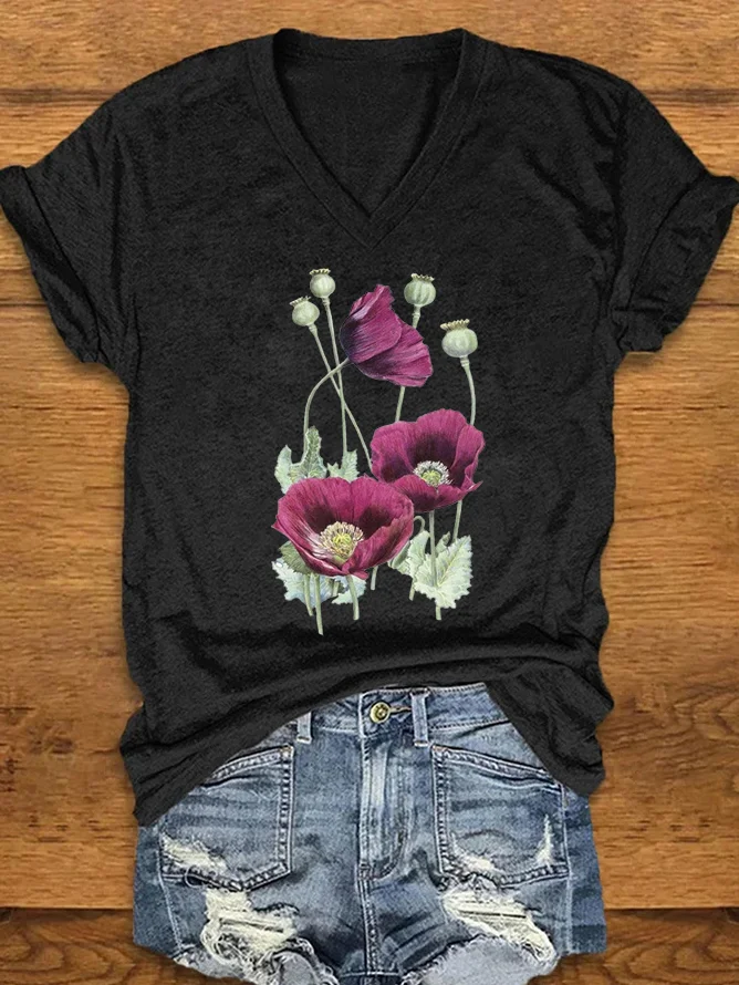 Women's Floral Short Sleeve Tee T-shirt V Neck Casual Summer Top