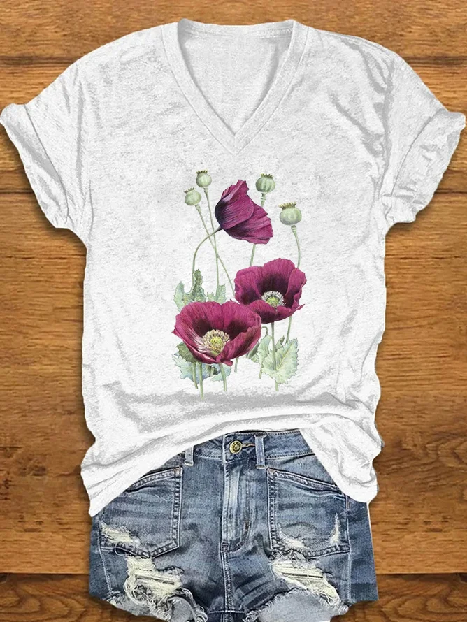 Women's Floral Short Sleeve Tee T-shirt V Neck Casual Summer Top