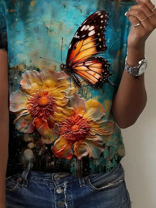 Women's Short Sleeve Tee T-shirt Summer Floral Crew Neck Casual Top